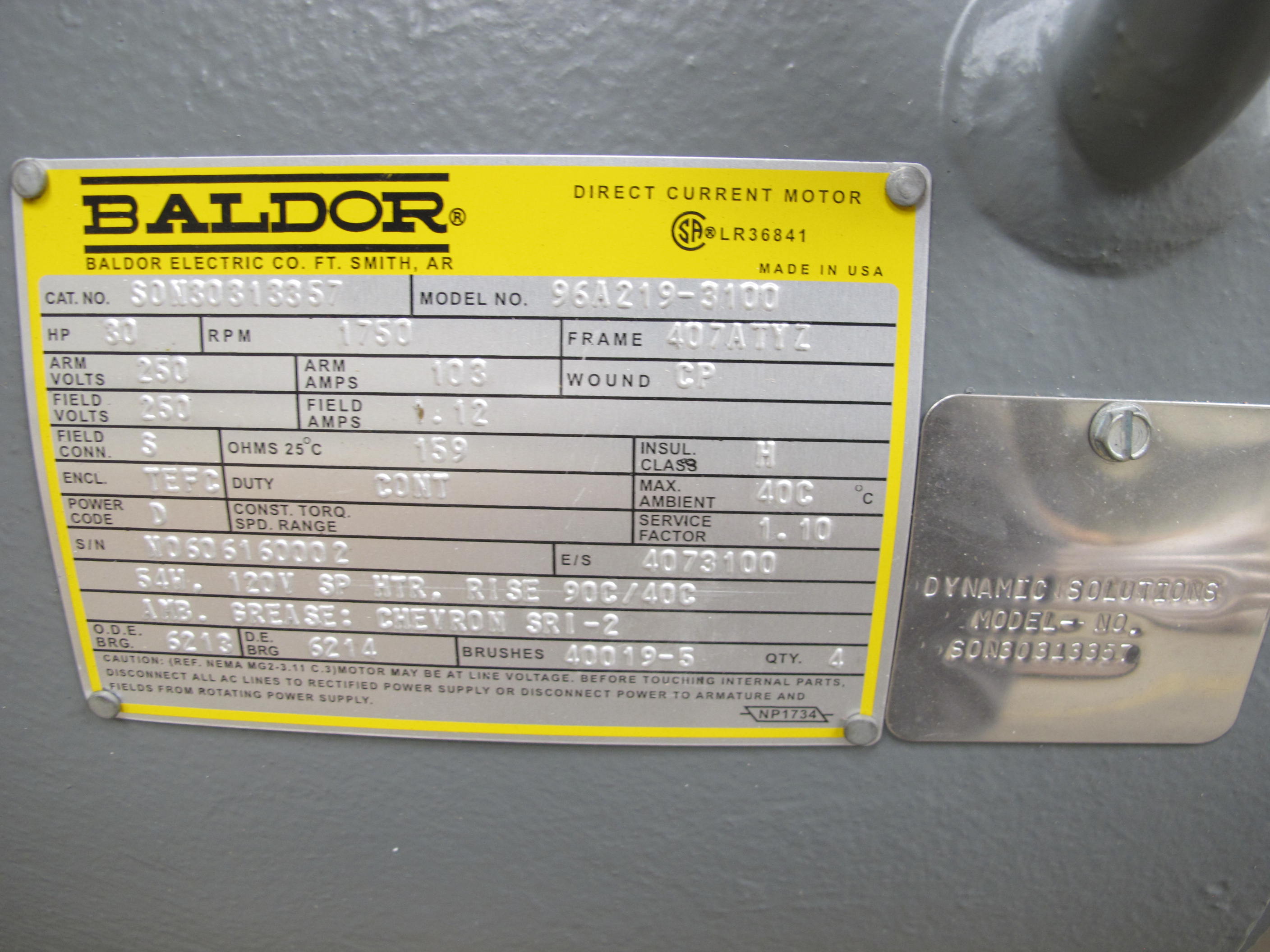 MOTOR, ELECTRIC TYPE, 30 HORSEPOWER, 250 VDC ELEC RATING, 1750 RPM, 407ATYZ FRAME, 103 AMPS, TEFC ENCLOSURE, CONT. DUTY, 1.1 SERVICE FACTOR, 2.375" SHAFT. CLASS H INSULATION 54W, 120V SPACE HEATER TOP MOUNTED TERMINAL BOX DWG SO23-401-F-D98 & D99. 22KW EQUIVALENT TO 30HP. 90 C HEAT-ROSE OVER 40 C AMBIENT (W-44) LOADING & HANDLING FEE $15-
